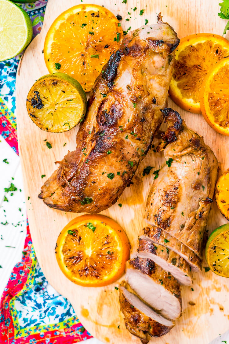 Cuban Mojo Pork is a delicious and easy pork tenderloin recipe made with freshly squeezed orange and lime juices, crushed garlic, minced cilantro, cumin, salt, and pepper.