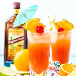 Planter’s Punch is a fruity cocktail that’s spiked with rum. Made with orange and pineapple juices, a splash of lime, grenadine, and dark or spiced rum, this tropical mixed drink is dangerously delicious!