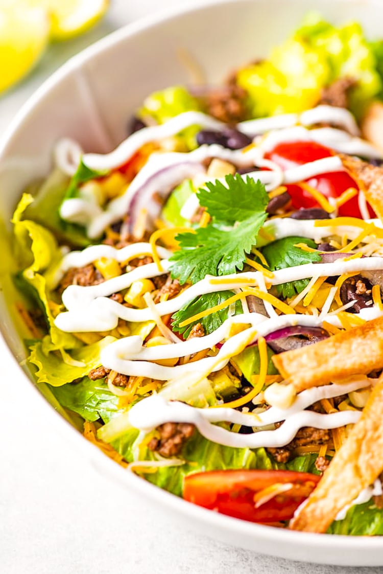 Taco Salad is the easiest way to rock Taco Tuesday like a pro! It's loaded with fresh veggies, cheese, and seasoned meat with crunchy tortilla strips! Whether you're meal-prepping or looking for a quick weekday dinner, this recipe is a real crowd pleaser.