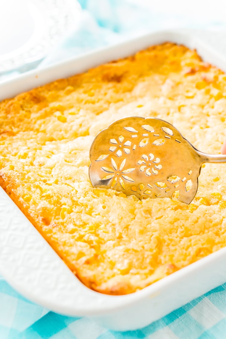 Cheesy Corn Casserole is an easy, no-effort side dish made with just 6 ingredients and ready for the oven in just 5 minutes! It's an instant family favorite during the holidays!