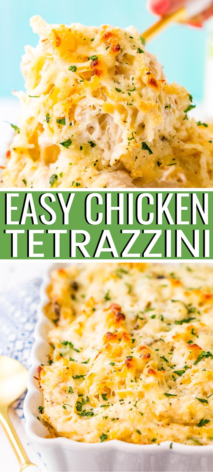 Chicken Tetrazzini recipe is an easy, cozy, and delicious casserole dish! Fettuccine, chicken, mushrooms, and peas are baked into a creamy cheese sauce with tons of flavor! It's an instant family favorite! via @sugarandsoulco