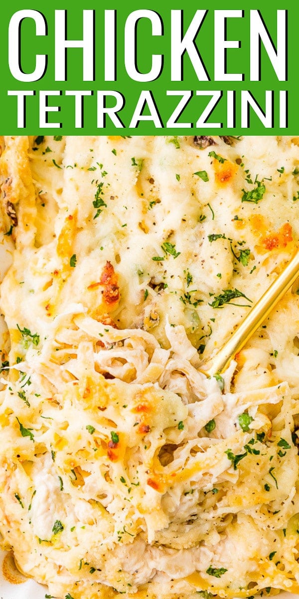 Chicken Tetrazzini recipe is an easy, cozy, and delicious casserole dish! Fettuccine, chicken, mushrooms, and peas are baked into a creamy cheese sauce with tons of flavor! It's an instant family favorite! via @sugarandsoulco