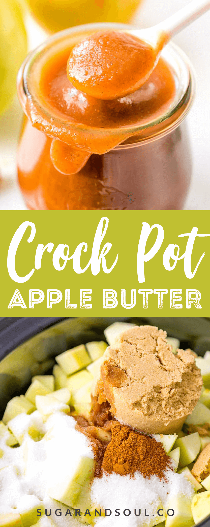 Homemade Crockpot Apple Butter is the perfect way to enjoy the fresh taste of fall apples all season long! Made with apples, sugar, spices, and butter, you can spread it on all your favorite baked goods, mix it into recipes, and more!