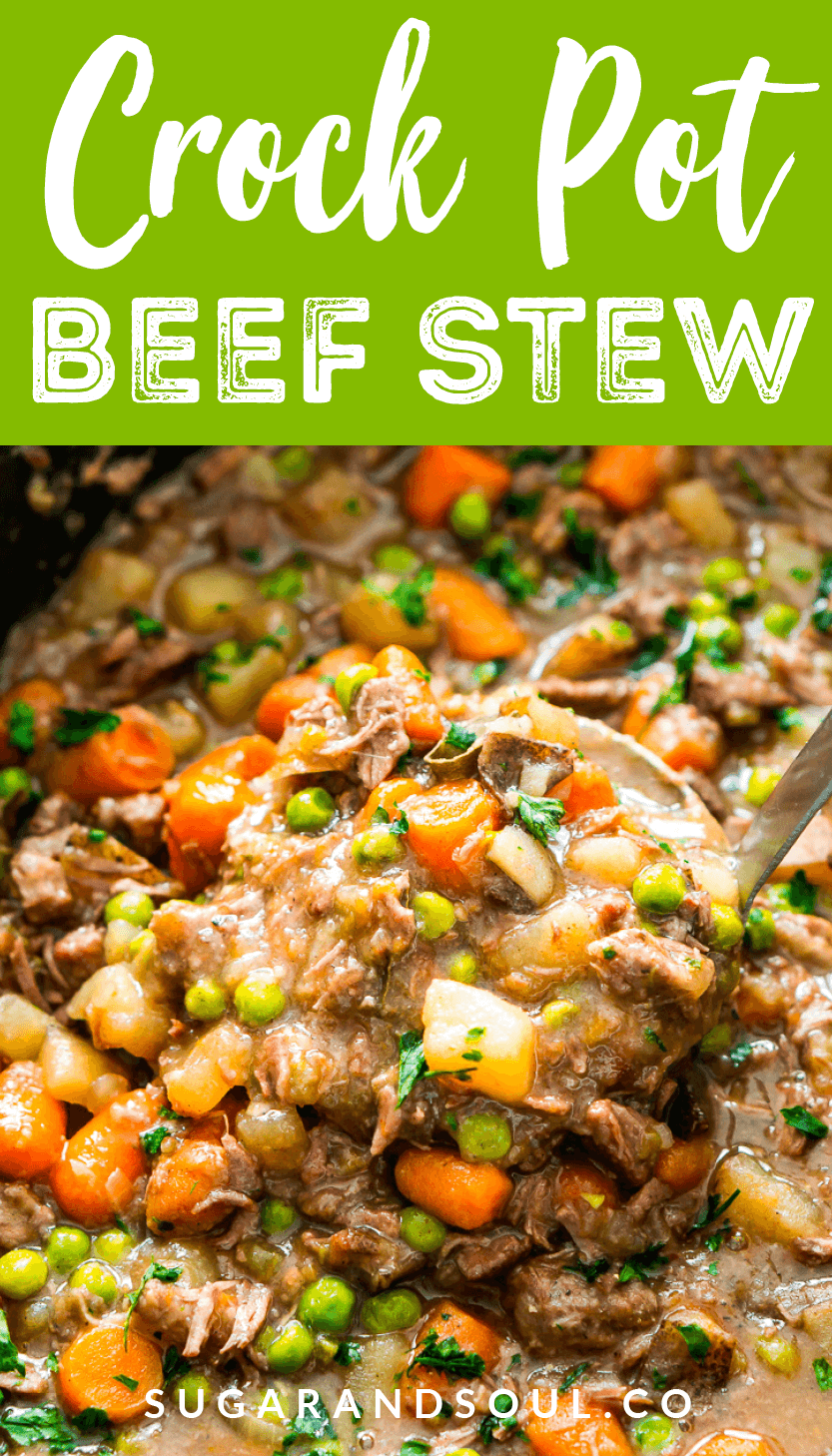 Crock Pot Beef Stew is filled with tender chunks of beef, carrots, peas, potatoes, celery, and savory spices, it’s a wholesome family favorite that’ll keep everyone warm as the weather gets cooler! via @sugarandsoulco