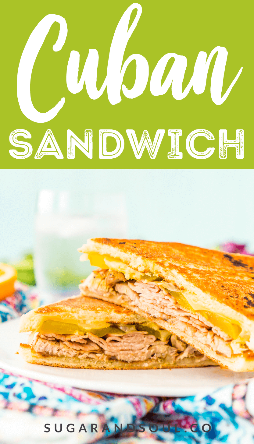 This Cuban Sandwich is loaded with smoked ham, swiss cheese, mojo pork, mustard, and pickles, and then grilled to melty perfection!