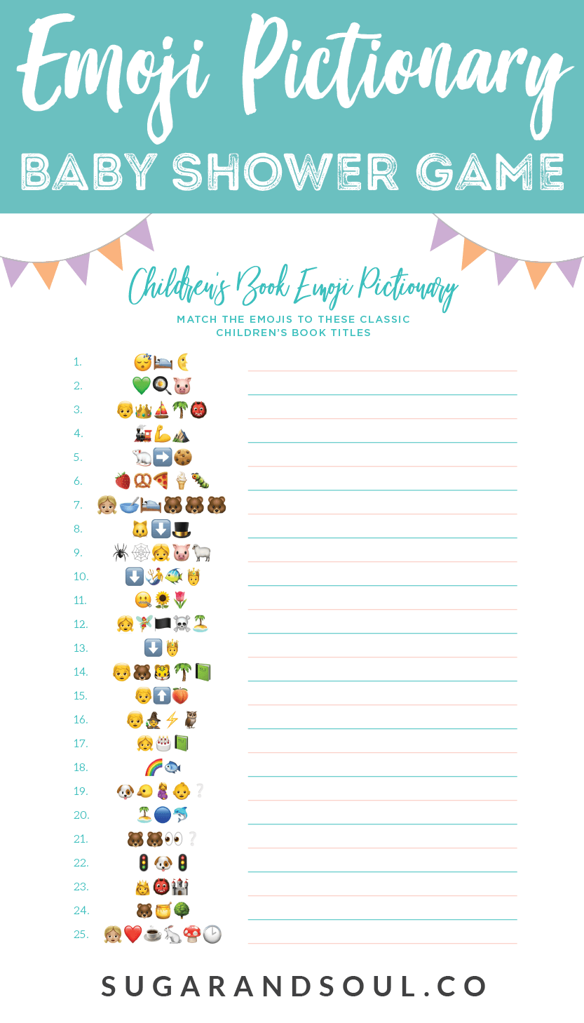 This FREE Emoji Pictionary Baby Shower Game Printable uses emoji images to guess the name of each book! It's a fun and new game idea everyone will love playing!