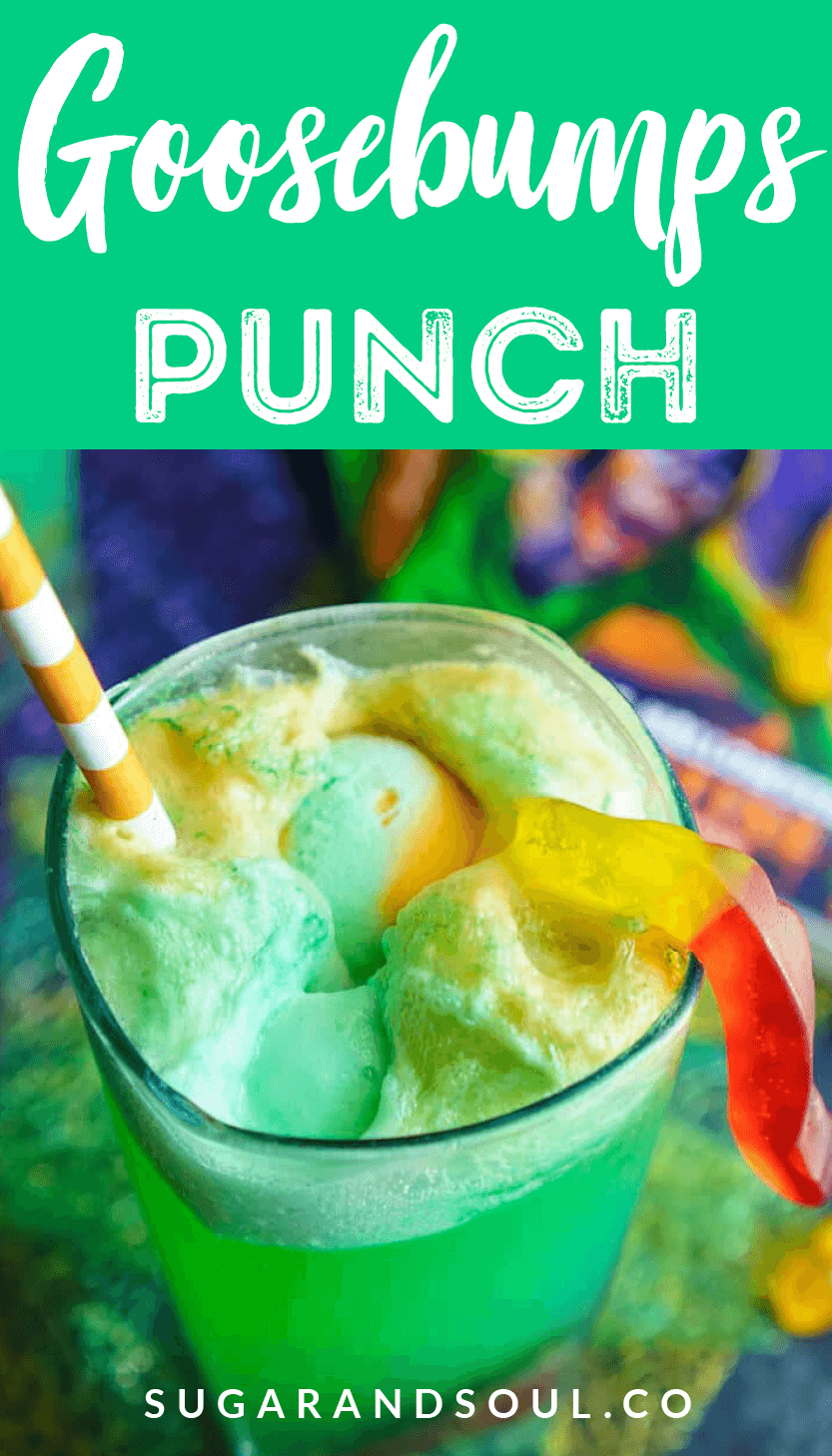 This Goosebumps Halloween Punch is an easy drink made with just 4 ingredients! It's the perfect addition to Halloween parties too! via @sugarandsoulco