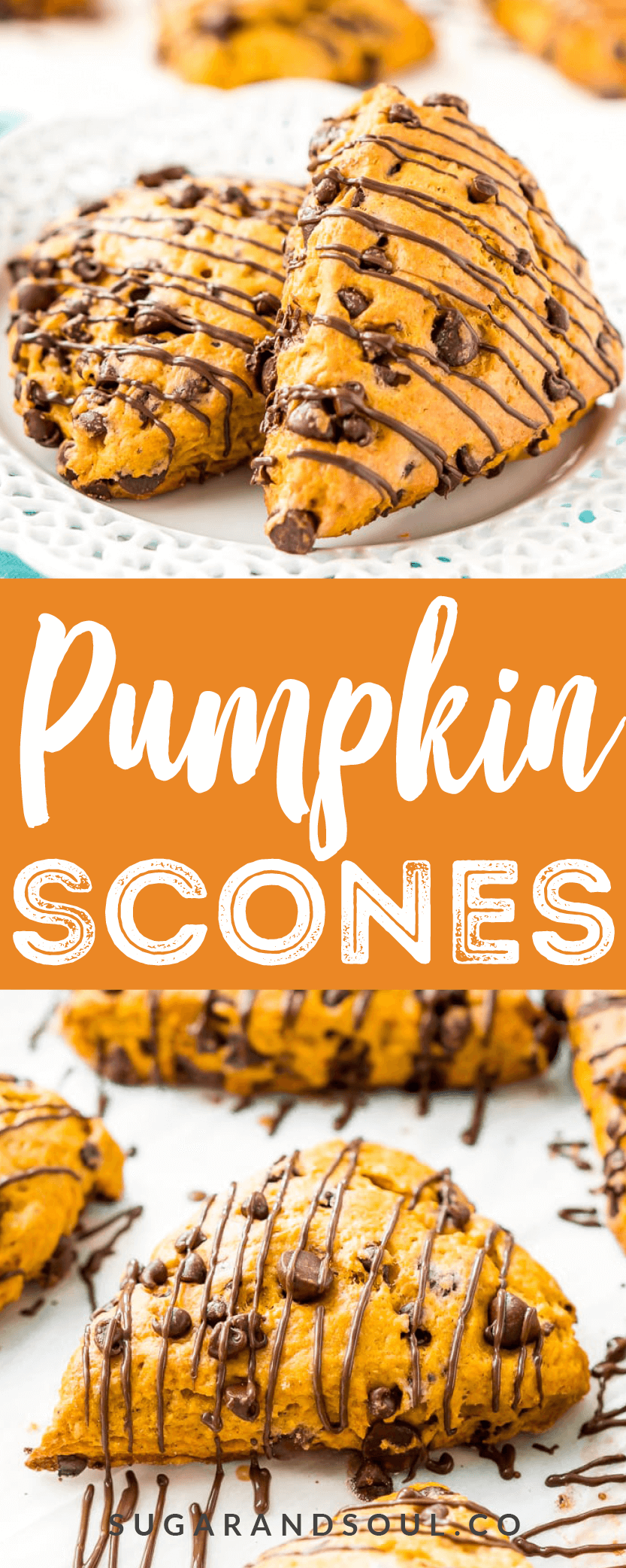 Pumpkin Scones are the sophisticated way to enjoy pumpkin and spice this season! This simple recipe calls for dark and semi-sweet chocolate chips so you can indulge your chocolate cravings and get your pumpkin fix morning, noon, or night.