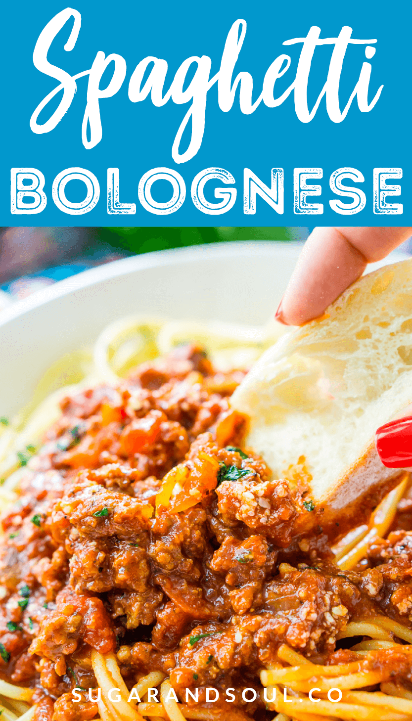 This Easy Spaghetti Bolognese Sauce Recipe is a simple take on an authentic and traditional Italian meal. Loaded with ground beef and spices and laced with Merlot wine, this quick tomato-based sauce is bound to be a wholesome family favorite. via @sugarandsoulco