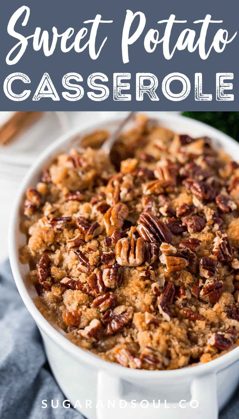 This Sweet Potato Casserole is loaded with rich and cozy flavors of brown sugar, cinnamon, and nutmeg. It's laced with butter and crunchy pecans, the perfect holiday side dish!