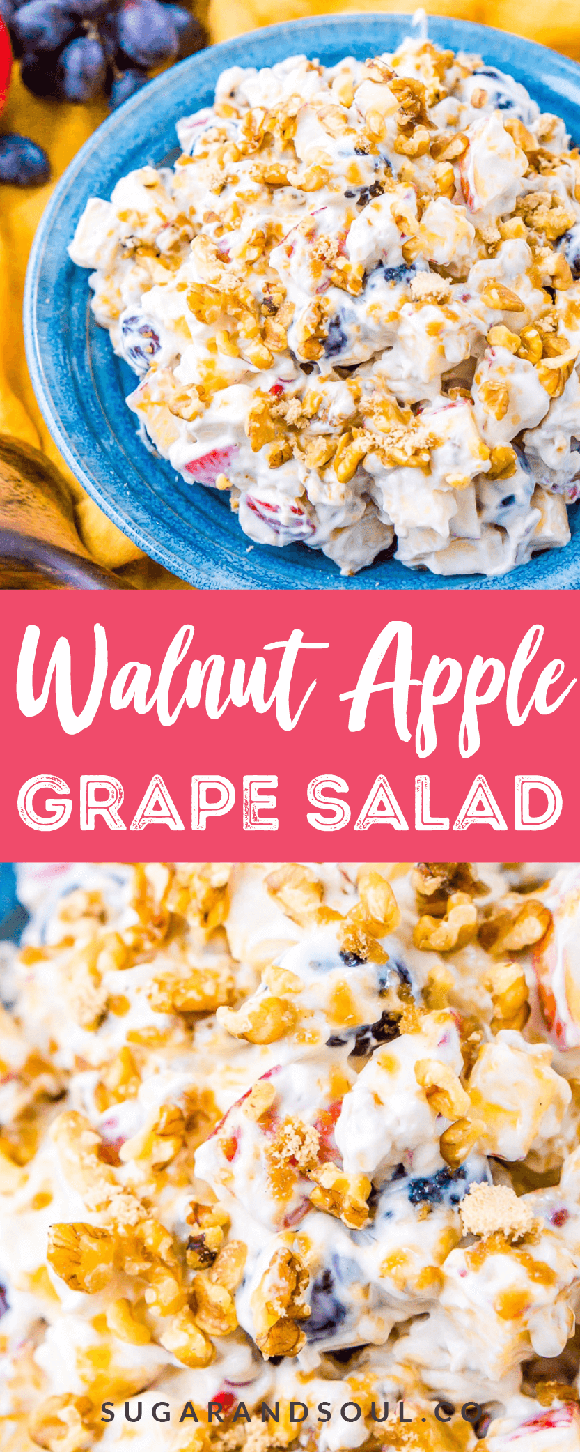 This Apple Grape Salad is a vintage dessert salad made with cream cheese, yogurt, apples, grapes, walnuts, and sugar! It's a potluck favorite and everyone will want the recipe!