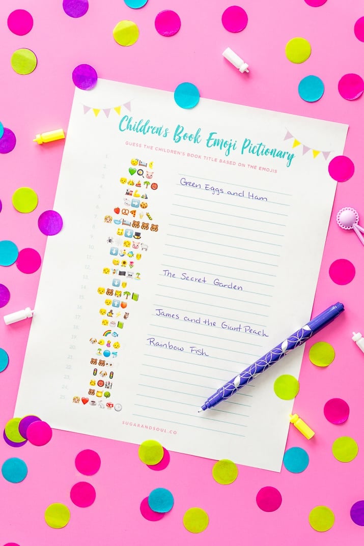 This FREE Emoji Pictionary Baby Shower Game Printable uses emoji images to guess the name of each book! It's a fun and new game idea everyone will love playing!