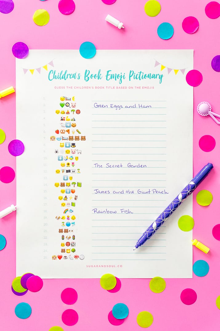 This FREE Emoji Pictionary Baby Shower Game Printable uses emoji images to guess the name of each book! It's a fun and new game idea everyone will love playing!