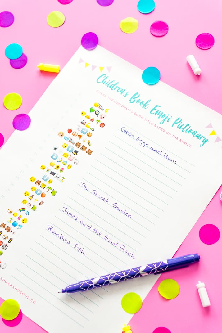 This FREE Emoji Pictionary Baby Shower Game Printable uses emoji images to guess the name of each book! It's a fun and new game idea everyone will love playing!