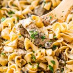 Beef Stroganoff is a delicious dinner recipe made with tender ribeye steak sautéed in a buttery mushroom and sour cream sauce and served over egg noodles.