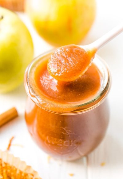 Homemade Crockpot Apple Butter is the perfect way to enjoy the fresh taste of fall apples all season long! Made with apples, sugar, spices, and butter, you can spread it on all your favorite baked goods, mix it into recipes, and more!