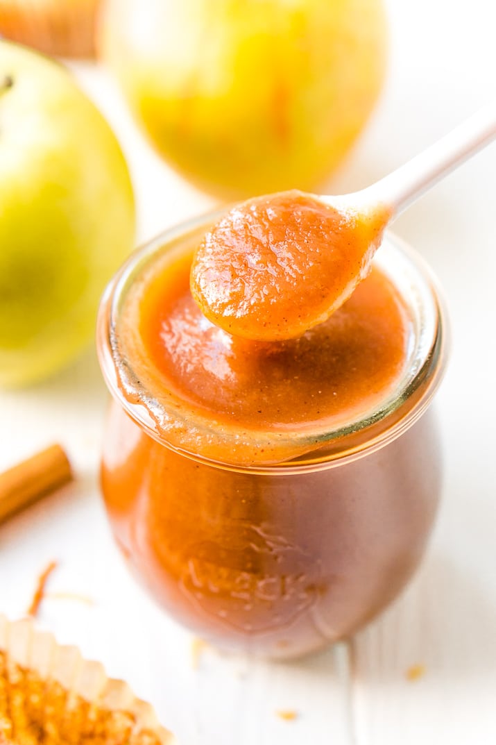 Homemade Crockpot Apple Butter is the perfect way to enjoy the fresh taste of fall apples all season long! Made with apples, sugar, spices, and butter, you can spread it on all your favorite baked goods, mix it into recipes, and more!