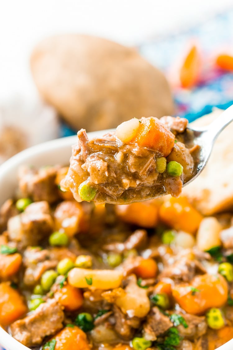 Crock Pot Beef Stew is filled with tender chunks of beef, carrots, peas, potatoes, celery, and savory spices, it’s a wholesome family favorite that’ll keep everyone warm as the weather gets cooler!