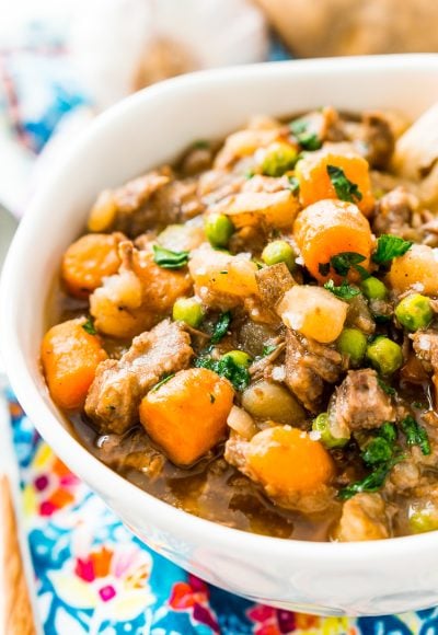 Close up photo of a bowl of beef stew.
