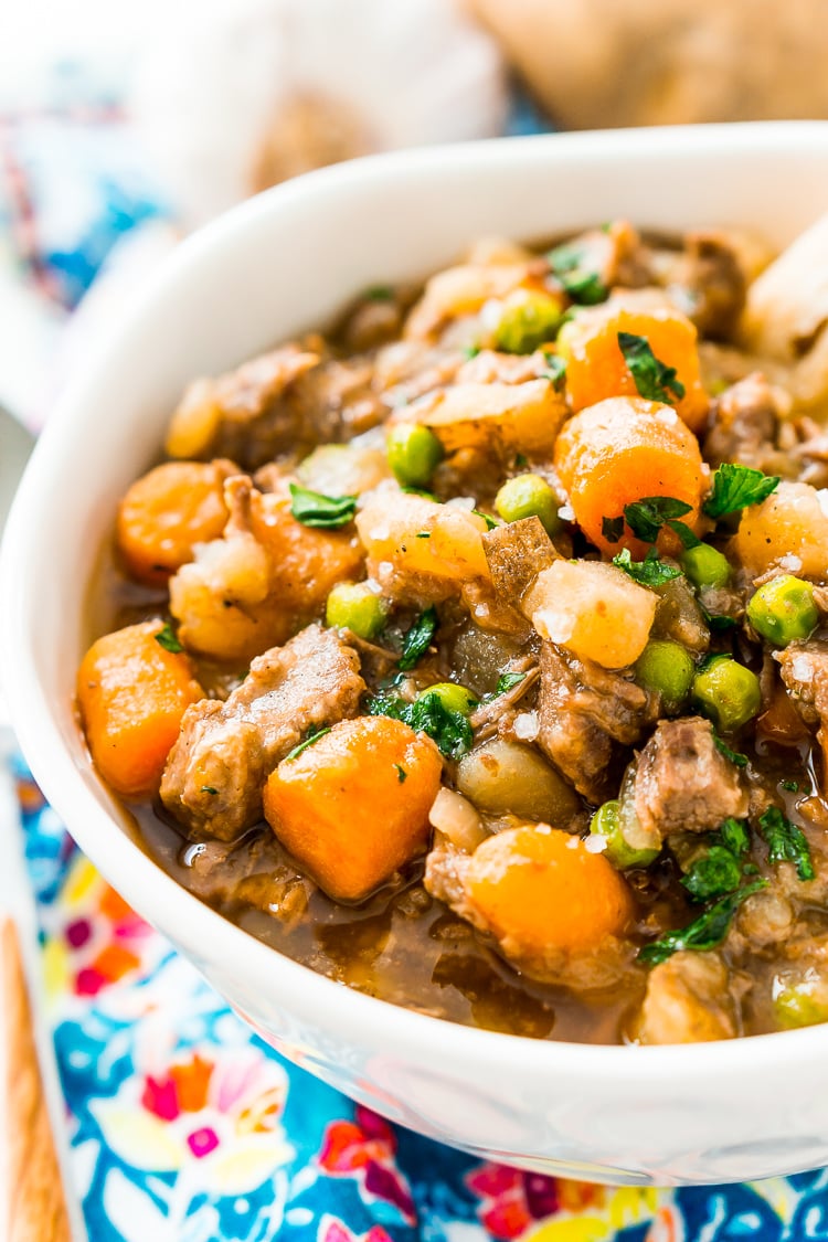 Crock Pot Beef Stew is filled with tender chunks of beef, carrots, peas, potatoes, celery, and savory spices, it’s a wholesome family favorite that’ll keep everyone warm as the weather gets cooler!