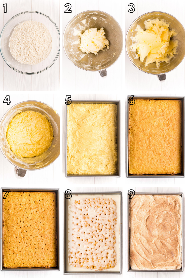 Step by step photo collage showing how to make tres leches cake.