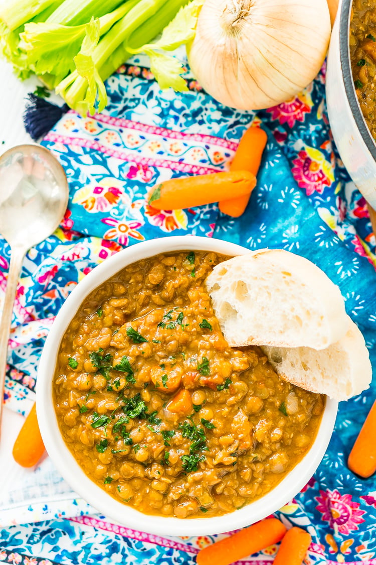 Lentil Soup is easy to make, wholesome -- and vegan! Made with a blend of savory vegetables and fragrant spices, it only takes one pot and a little prep to serve up this comforting meal.