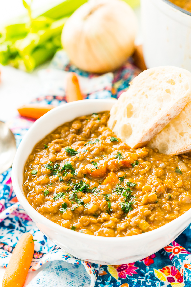 Lentil Soup is easy to make, wholesome -- and vegan! Made with a blend of savory vegetables and fragrant spices, it only takes one pot and a little prep to serve up this comforting meal.