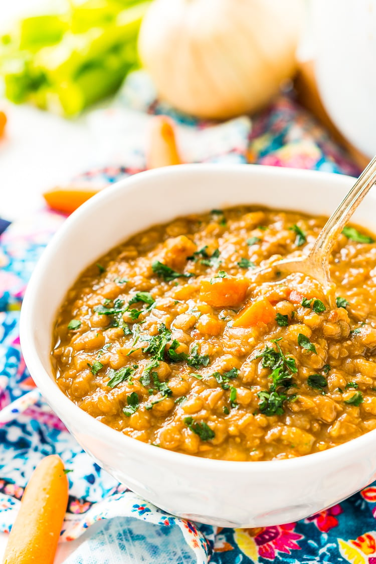 Lentil Soup is easy to make, wholesome -- and vegan! Made with a blend of savory vegetables and fragrant spices, it only takes one pot and a little prep to serve up this comforting meal.