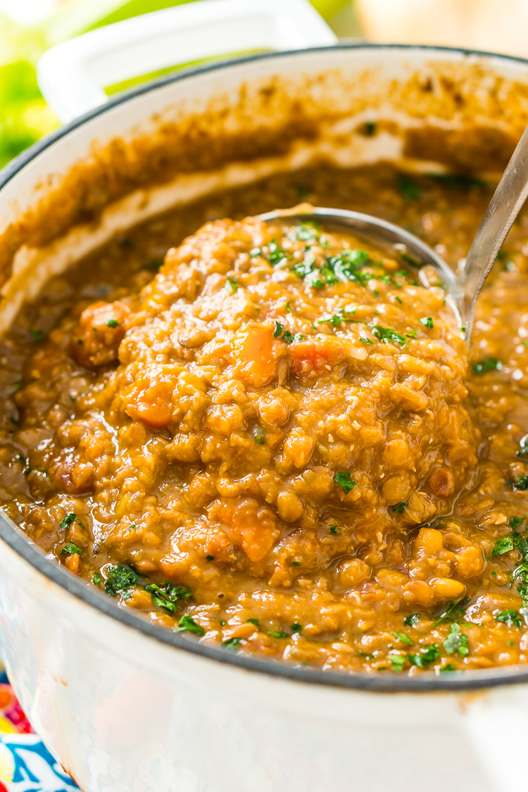 Lentil Soup is easy to make, wholesome -- and vegan! Made with a blend of savory vegetables and fragrant spices, it only takes one pot and a little prep to serve up this comforting meal.