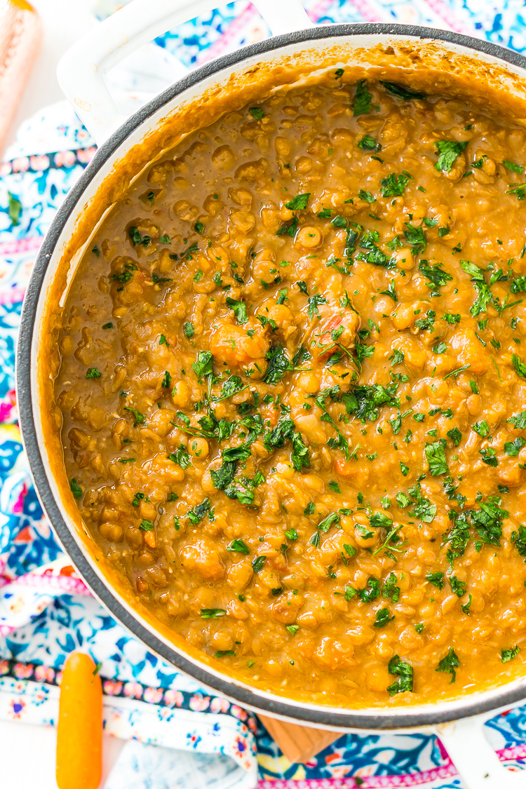 Lentil Soup is easy to make, wholesome -- and vegan! Made with a blend of savory vegetables and fragrant spices, it only takes one pot and a little prep to serve up this comforting meal.