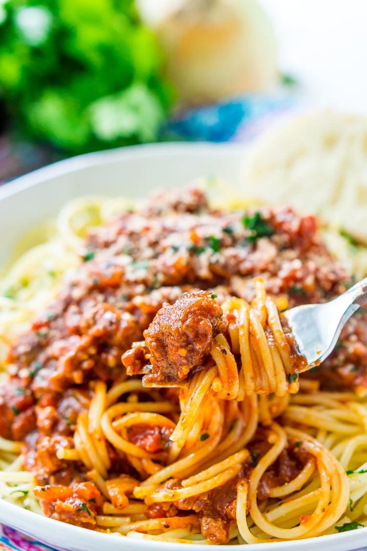 This Easy Spaghetti Bolognese Sauce Recipe is a simple take on an authentic and traditional Italian meal. Loaded with ground beef and spices and laced with Merlot wine, this quick tomato based sauce is bound to be a wholesome family favorite.