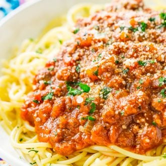This Easy Spaghetti Bolognese Recipe is a simple take on an authentic and traditional Italian meal. Loaded with ground beef and spices and laced with Merlot wine, this quick tomato based sauce is bound to be a wholesome family favorite.