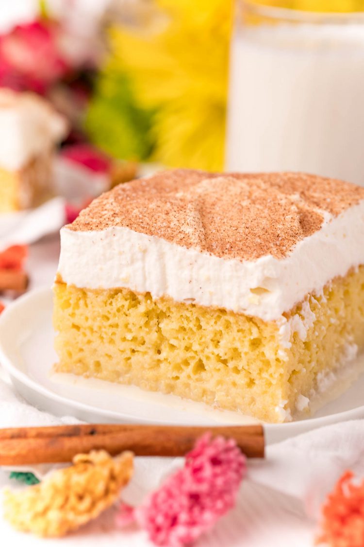 Close up photo of a slice of tres leches cake on a white plate.