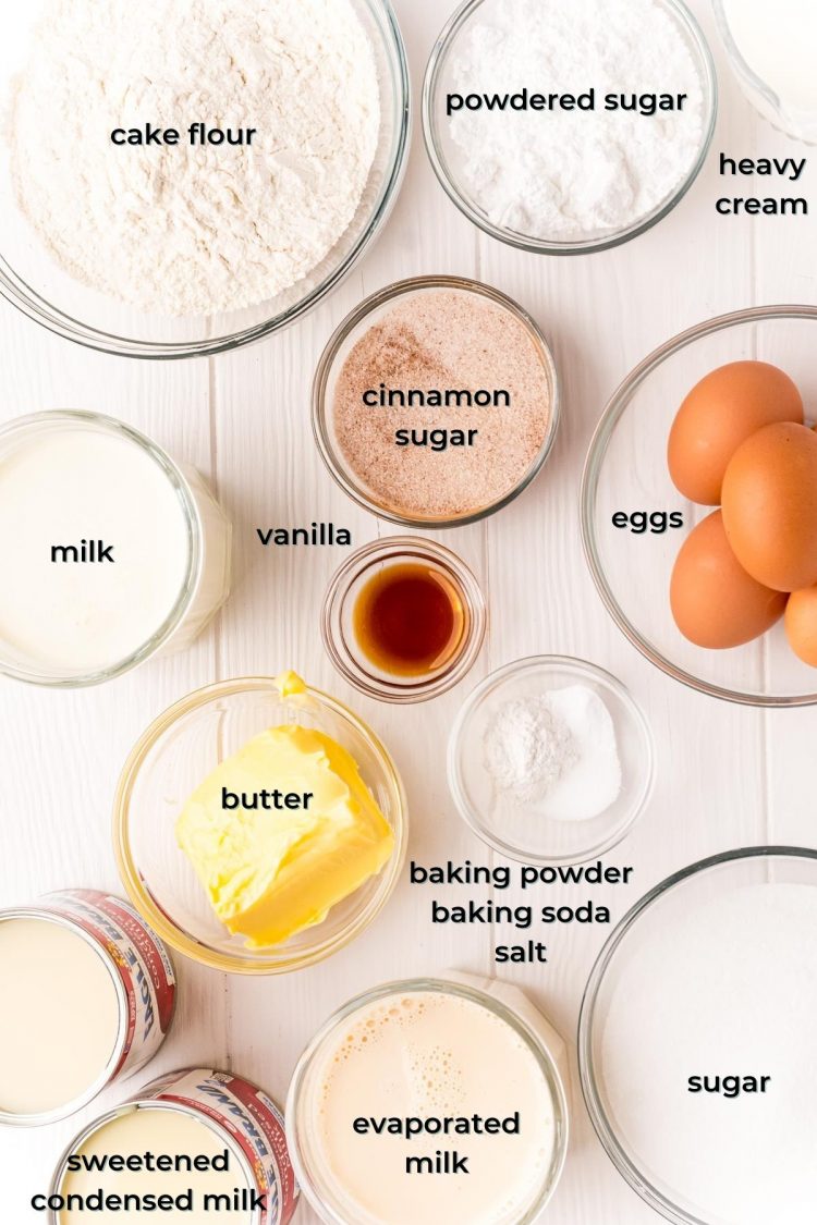 Overhead photo of ingredients used to make tres leches cake on a white table.