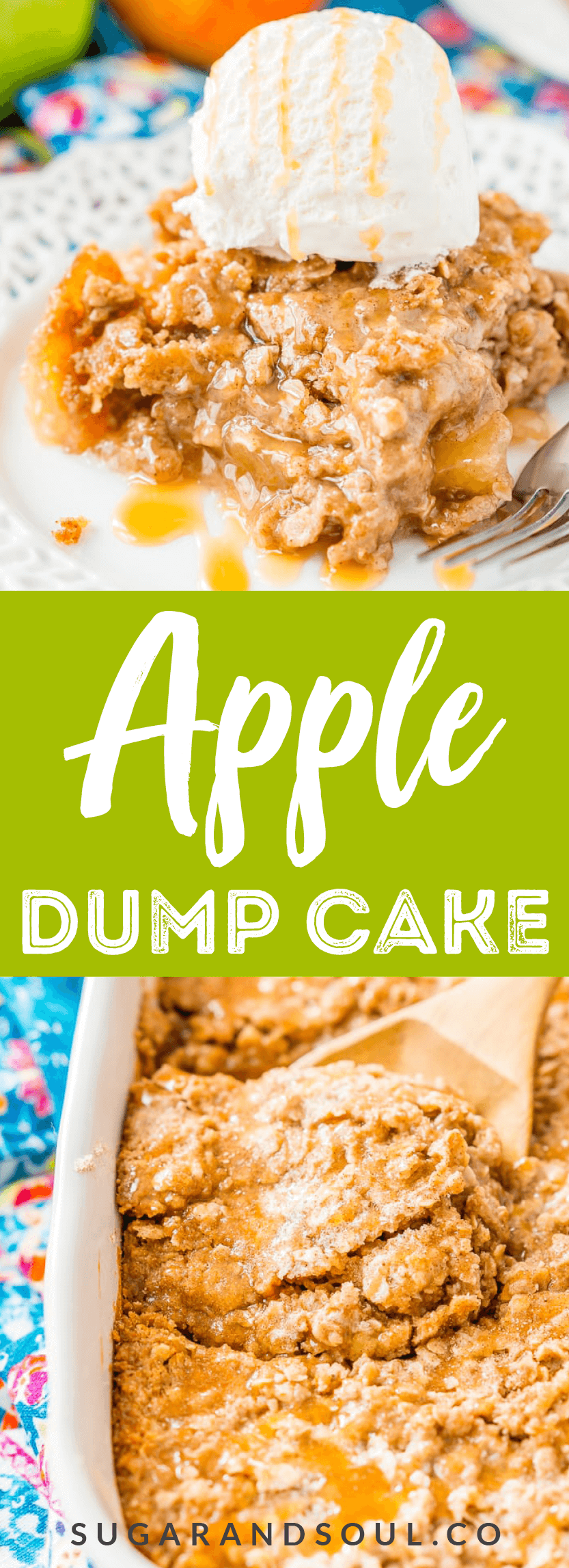 Apple Dump Cake is a 4-ingredient recipe that results in a delicious fall dessert somewhere between apple cake and apple crisp! via @sugarandsoulco