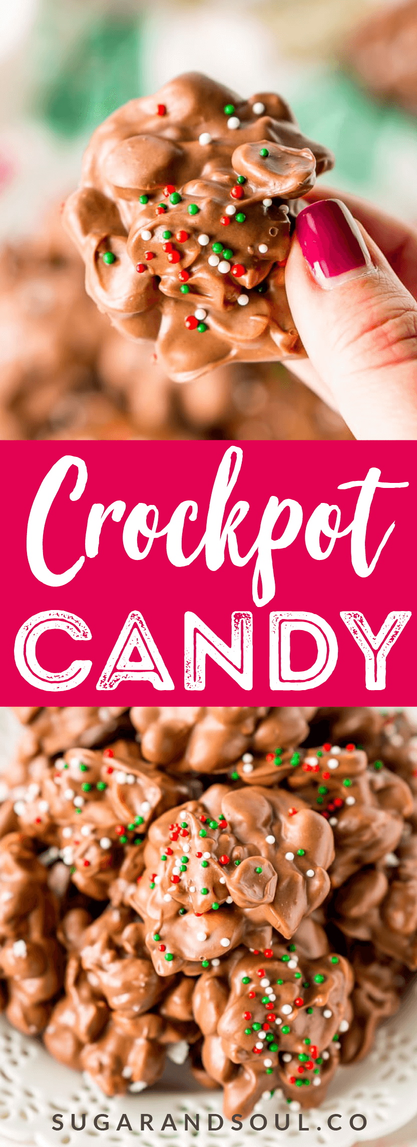 Crockpot Candy is an easy recipe loaded with peanuts, almond bark, and lots of chocolate and super simple to make in the slow cooker! Topped with some festive sprinkles, this pop-in-your-mouth treat is perfect for sharing at holiday parties. via @sugarandsoulco