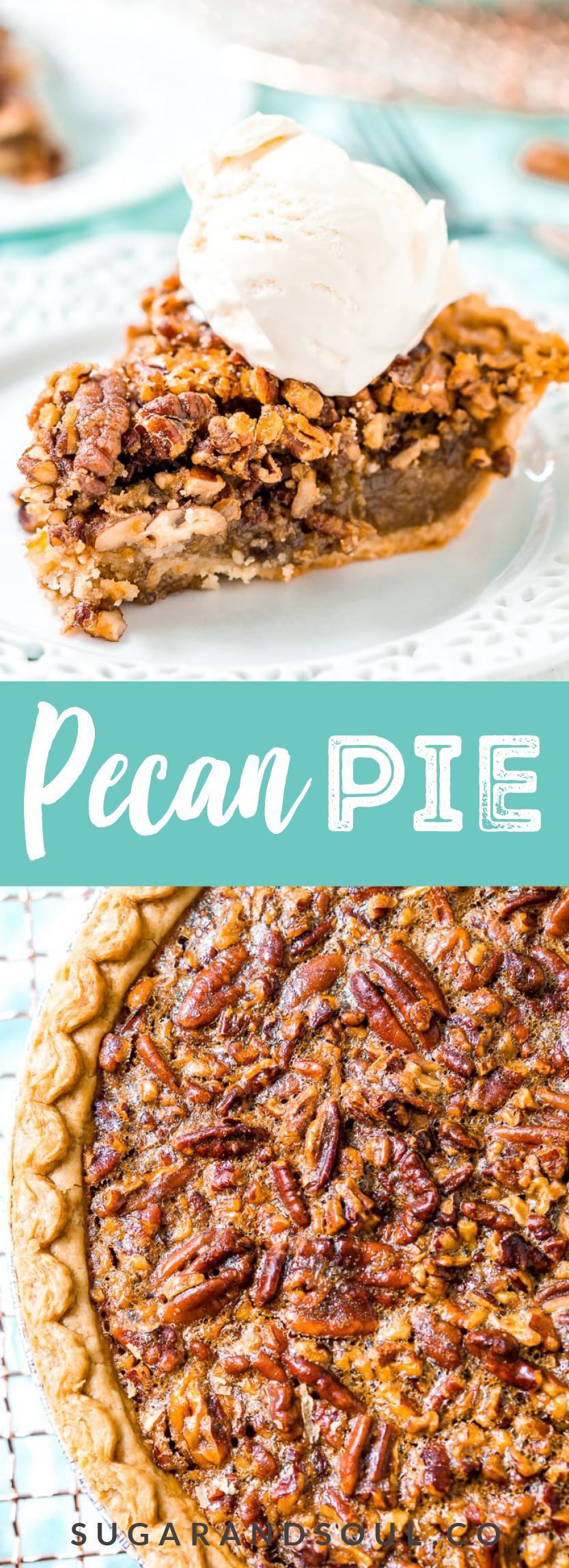 Pecan Pie is so simple to make and a delicious holiday pie the whole family will love! The sugar filling is loaded with pecans and nestled in a flaky crust and you can easily make it a day or two ahead of time! via @sugarandsoulco