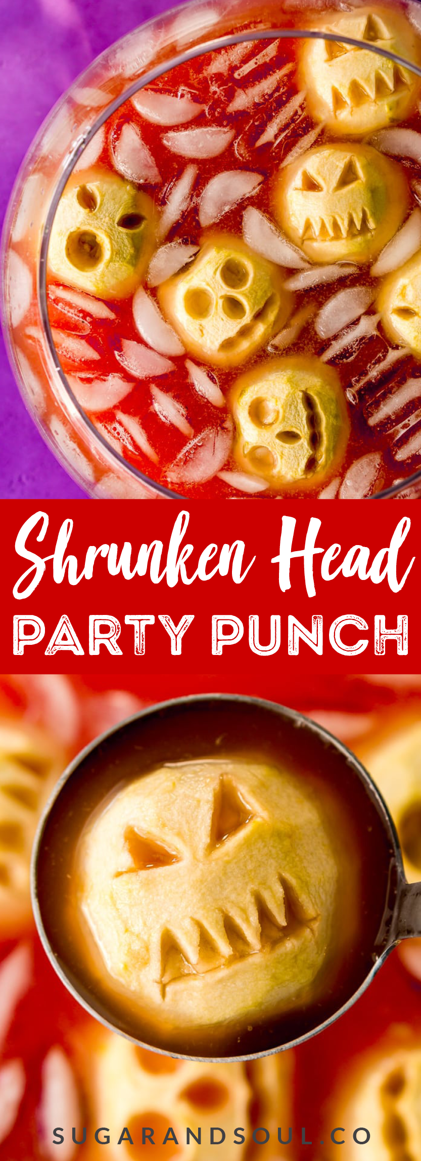 Shrunken Head Party Punch doubles as a delicious drink and a creepy conversation piece! Made with fruit juices, lemon-lime soda, and a splash of grenadine, the best part of this beverage is the floating “shrunken heads” which are made with baked apples!