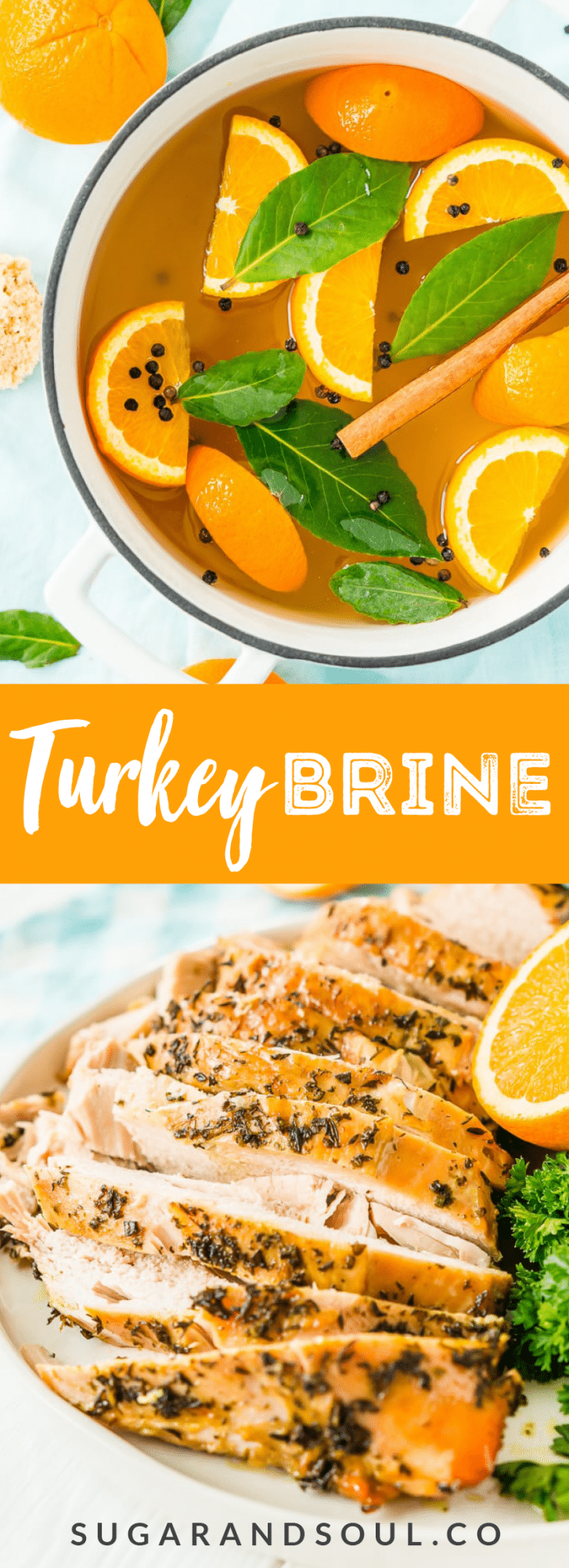 This Turkey Brine recipe made with salt, oranges, bay leaves, cinnamon, brown sugar, and black pepper will add moisture, tenderness, and flavor to your turkey. Brine turkey for 12 to 24 hours for the most amazing turkey for your holiday gathering!