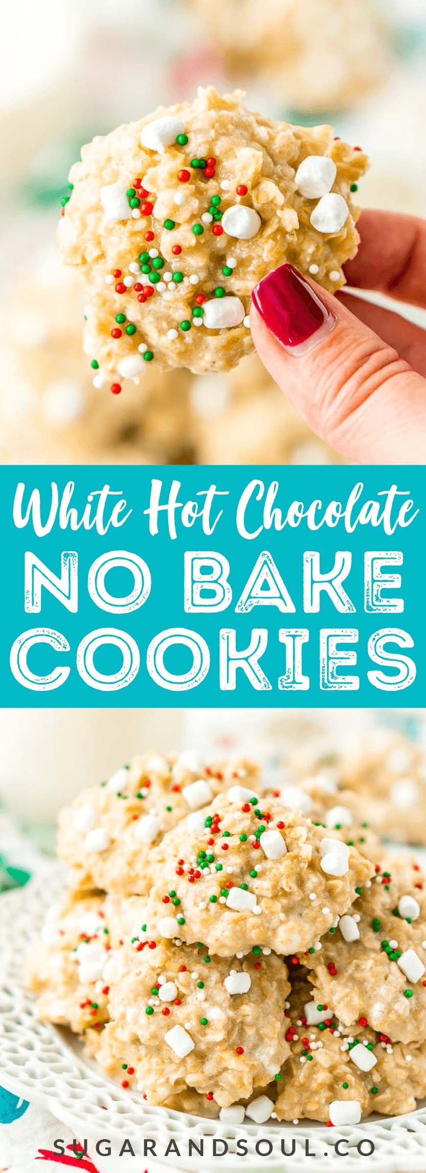 These White Hot Chocolate No Bake Cookies are so simple to make with butter, oatmeal, marshmallows, pudding, hot chocolate mix and more! They’re nut and gluten free and Santa is sure to gobble them up!

 via @sugarandsoulco