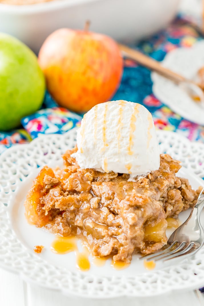 Apple Dump Cake is a 4-ingredient recipe that results in a delicious fall dessert somewhere between apple cake and apple crisp!