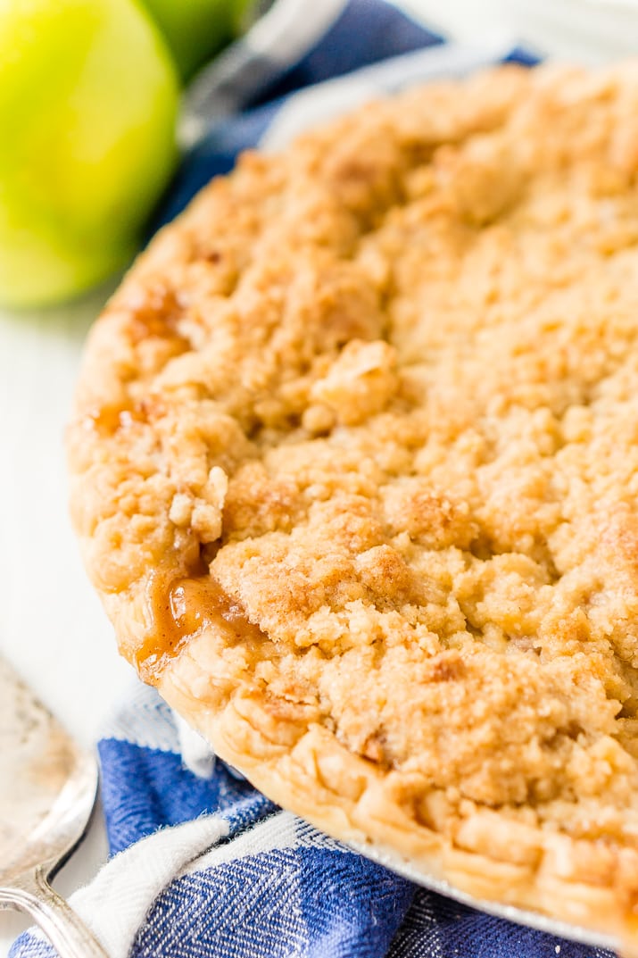 Close up shot of a Dutch apple pie in a pie dish.