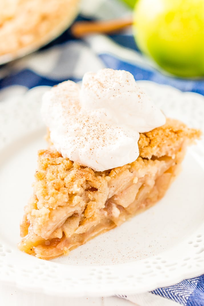 Dutch Apple Pie is made with a spiced apple filling in a flaky pie crust topped with a streusel made of flour, sugar, and butter.