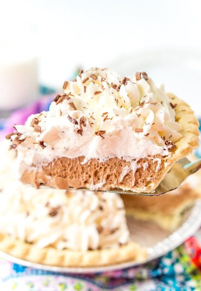 Slice of French Silk Pie on a Pie Server