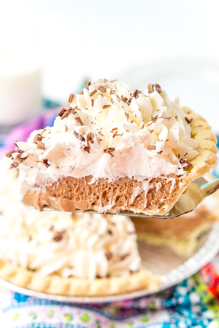 Slice of French Silk Pie on a Pie Server