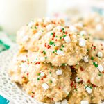 These White Hot Chocolate No Bake Cookies are so simple to make with butter, oatmeal, marshmallows, pudding, hot chocolate mix and more! They're nut and gluten free and Santa is sure to gobble them up!