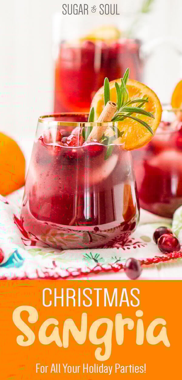 This Christmas Sangria is made with red wine, fruit juices, brandy, soda, and fruit for a delicious big-batch cocktail that's perfect for holiday parties. via @sugarandsoulco