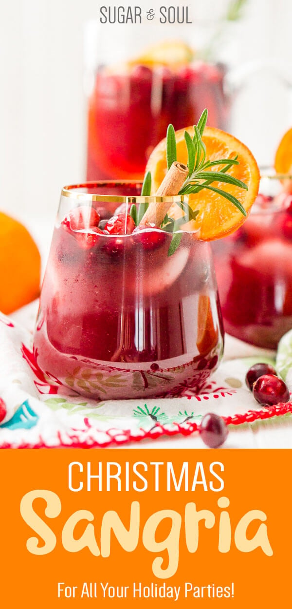 This Christmas Sangria is made with red wine, fruit juices, brandy, soda, and fruit for a delicious big-batch cocktail that's perfect for holiday parties. via @sugarandsoulco