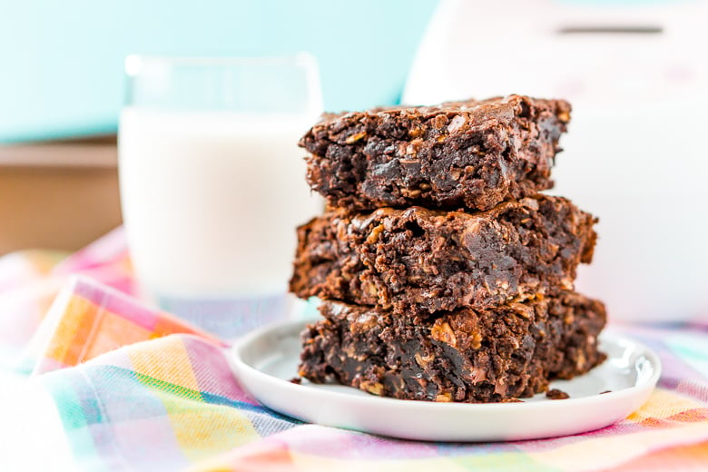 A stack of three lactation brownies for boosting milk supply