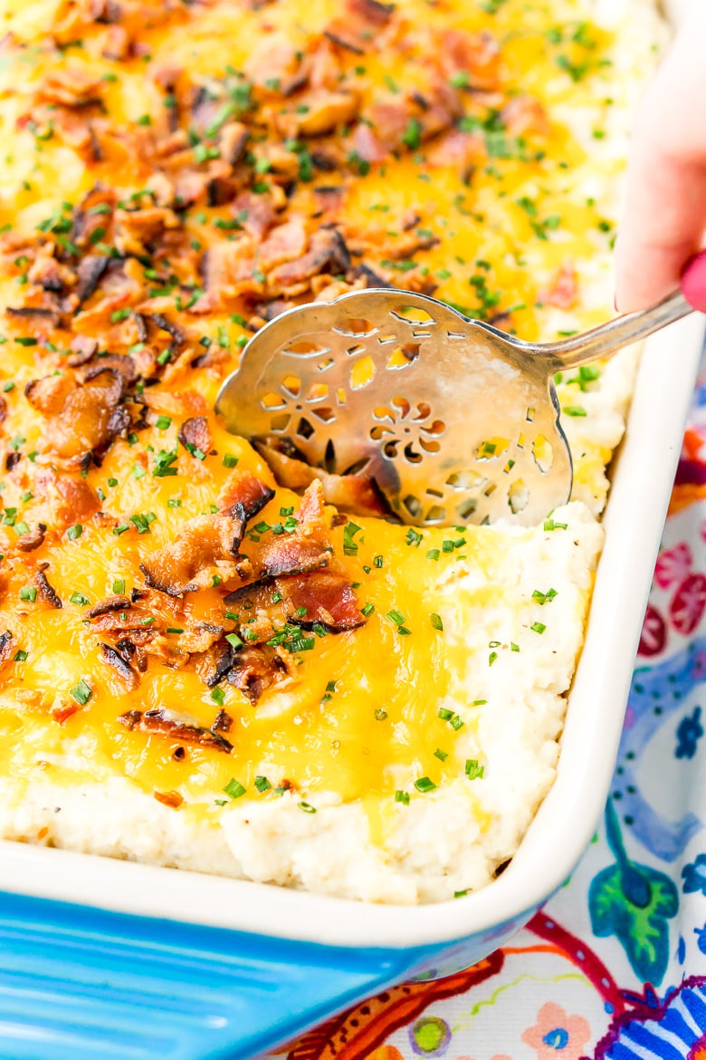 Loaded Cauliflower Casserole is an easy and delicious low carb and keto-friendly side dish loaded with bacon, cheddar cheese, sour cream, garlic, and more!